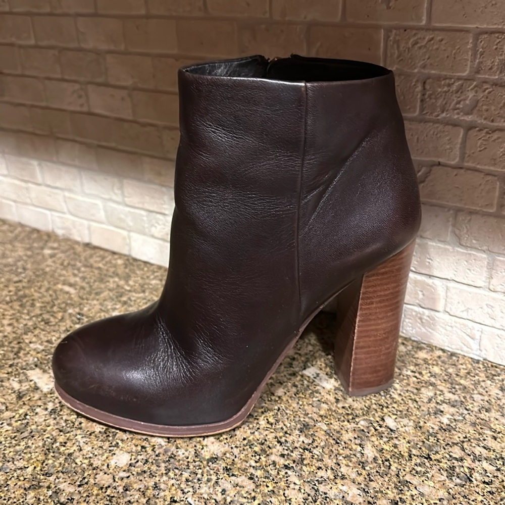 Vince Camuto Brown Leather Ankle Boots with Wooden Heel